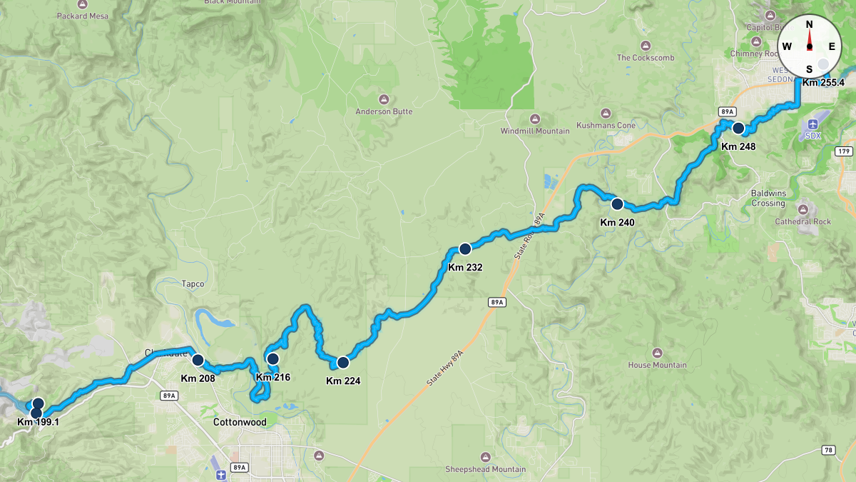 Course Map for Kilometers 199.1-255.4 of the Cocadona 250