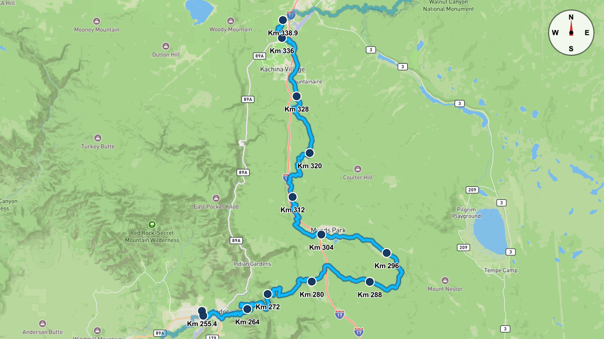 Course Map for Kilometers 255.4-338.9 of the Cocadona 250