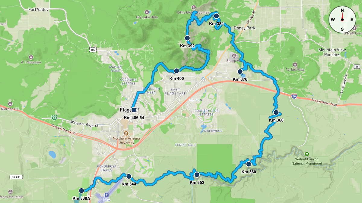 Course Map for Kilometers 338.9-406.54 of the Cocadona 250