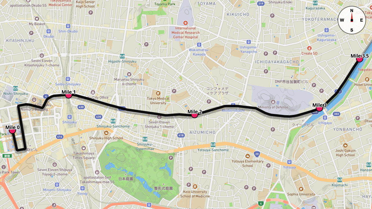 Course Map for Miles 0-3.5 of the Tokyo Marathon