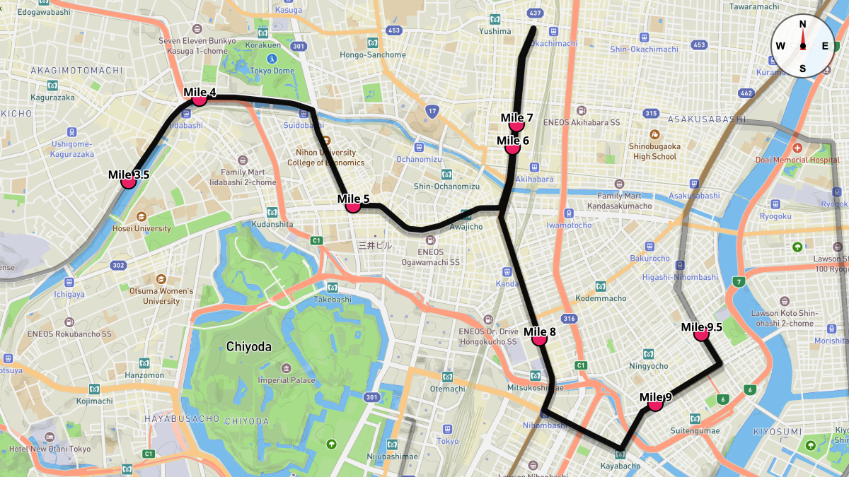 Course Map for Miles 3.5-9.5 of the Tokyo Marathon