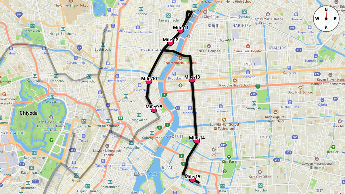 Course Map for Miles 9.5-15 of the Tokyo Marathon