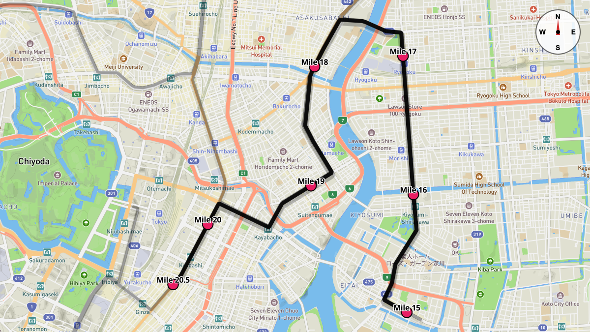 Course Map for Miles 15-20.5 of the Tokyo Marathon