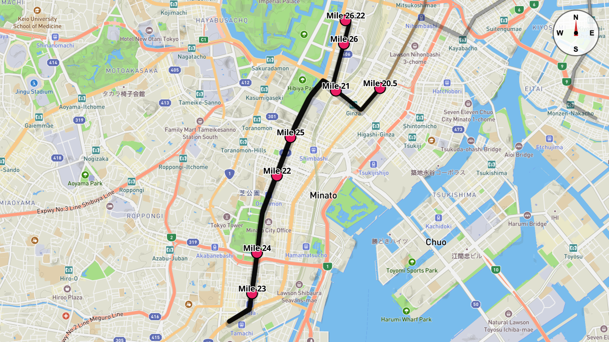 Course Map for Miles 20.5-26.22 of the Tokyo Marathon