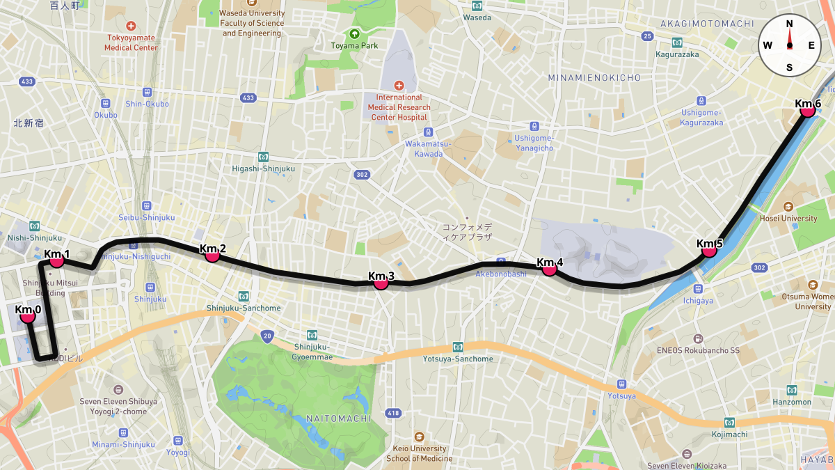 Course Map for Kilometers 0-6 of the Tokyo Marathon