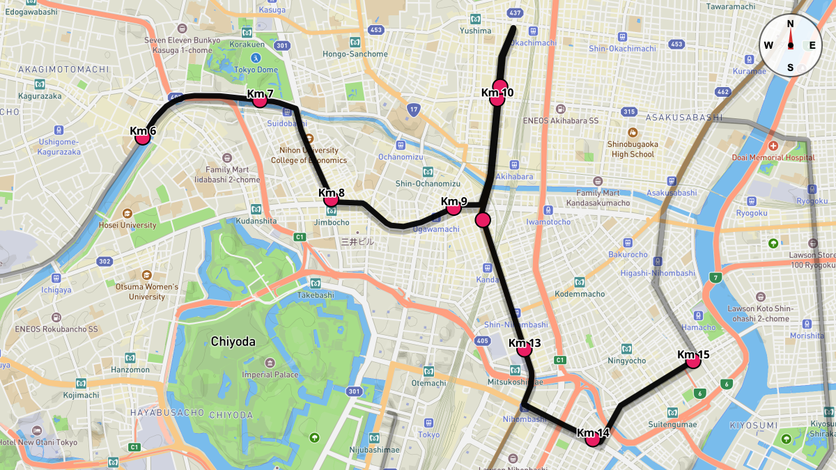 Course Map for Kilometers 6-15 of the Tokyo Marathon