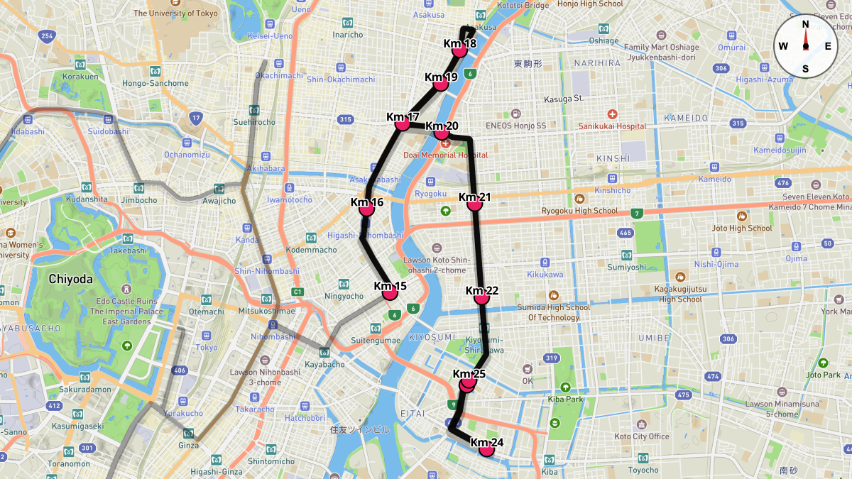 Course Map for Kilometers 15-25 of the Tokyo Marathon
