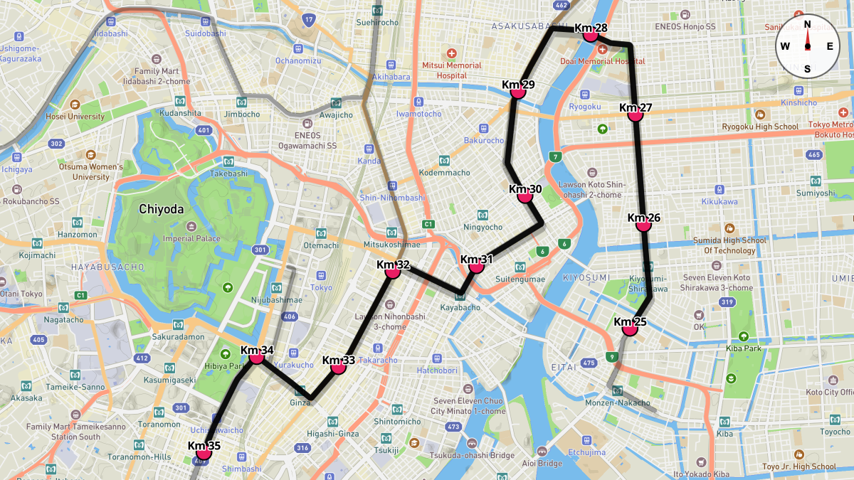 Course Map for Kilometers 25-35 of the Tokyo Marathon