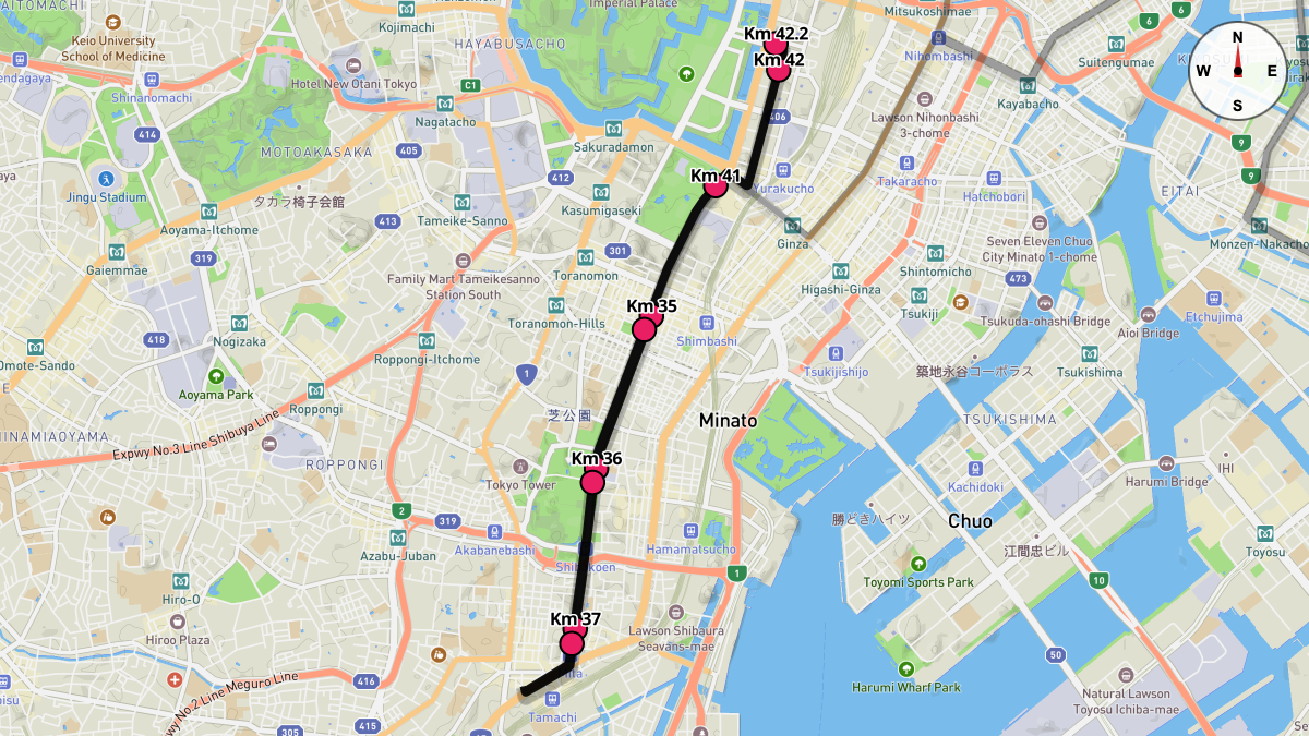 Course Map for Kilometers 35-42.2 of the Tokyo Marathon