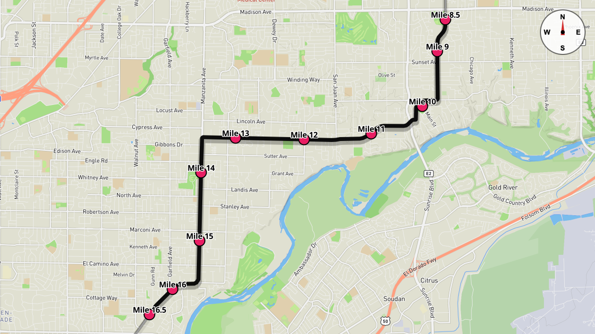 Course Map for Miles 8.5-16.5 of the California International Marathon