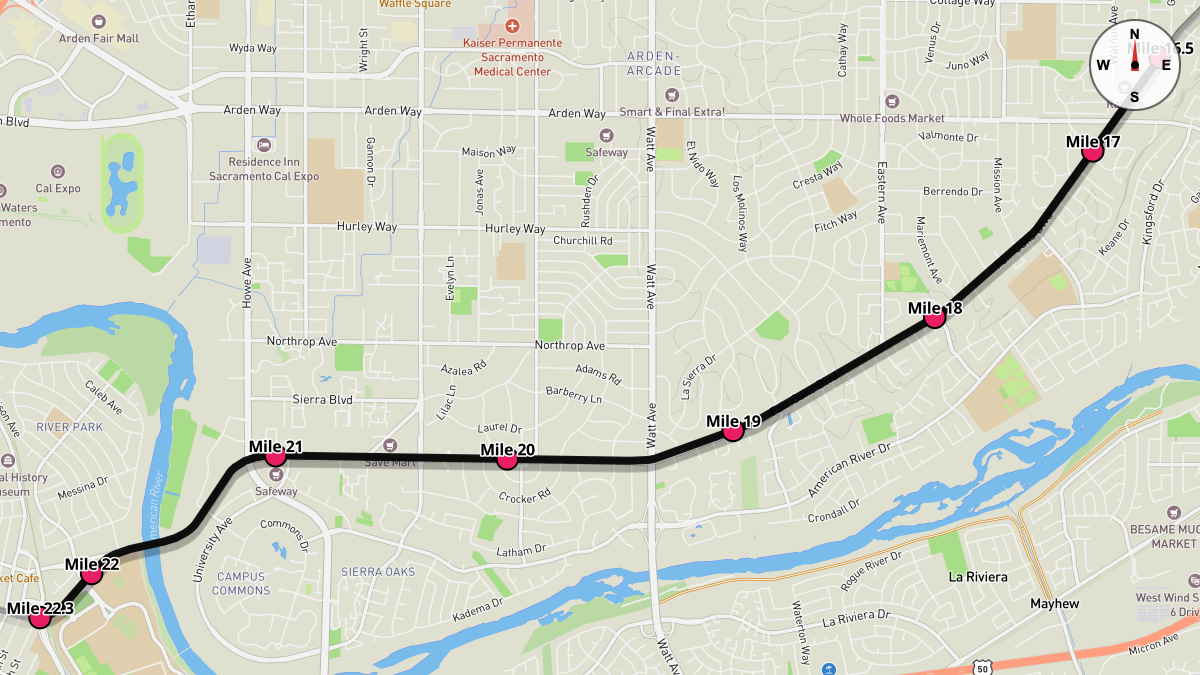 Course Map for Miles 16.5-22.3 of the California International Marathon