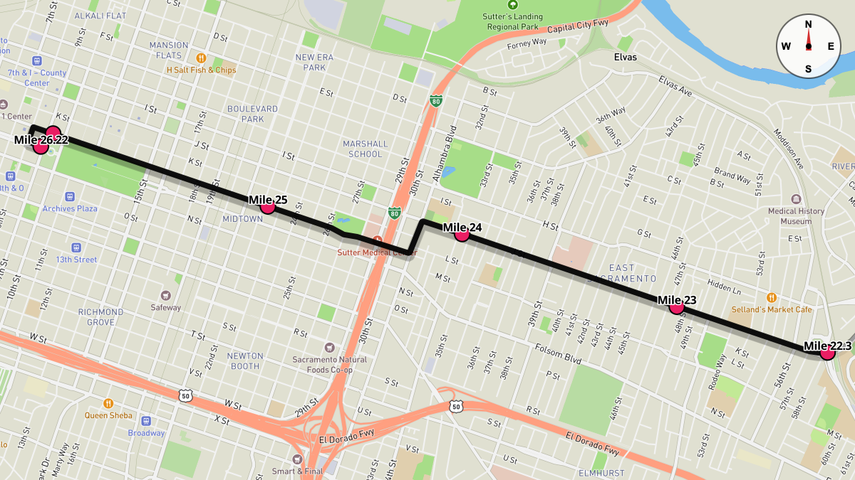 Course Map for Miles 22.3-26.22 of the California International Marathon