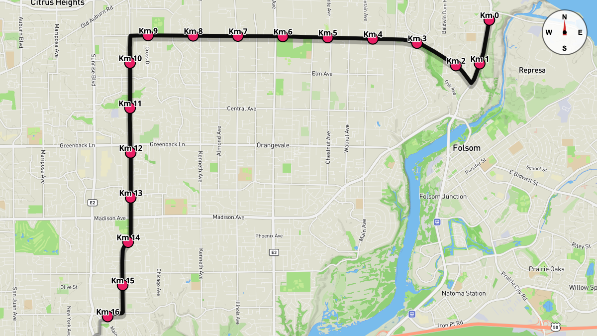 Course Map for Kilometers 0-16 of the 2025 California International Marathon