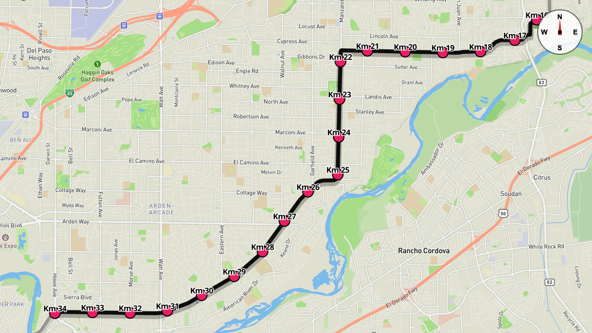 Course Map for Kilometers 16-34 of the 2025 California International Marathon