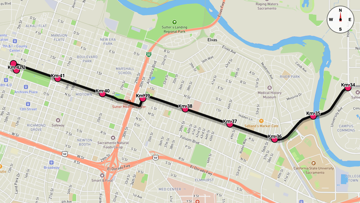 Course Map for Kilometers 34-42.2 of the 2025 California International Marathon