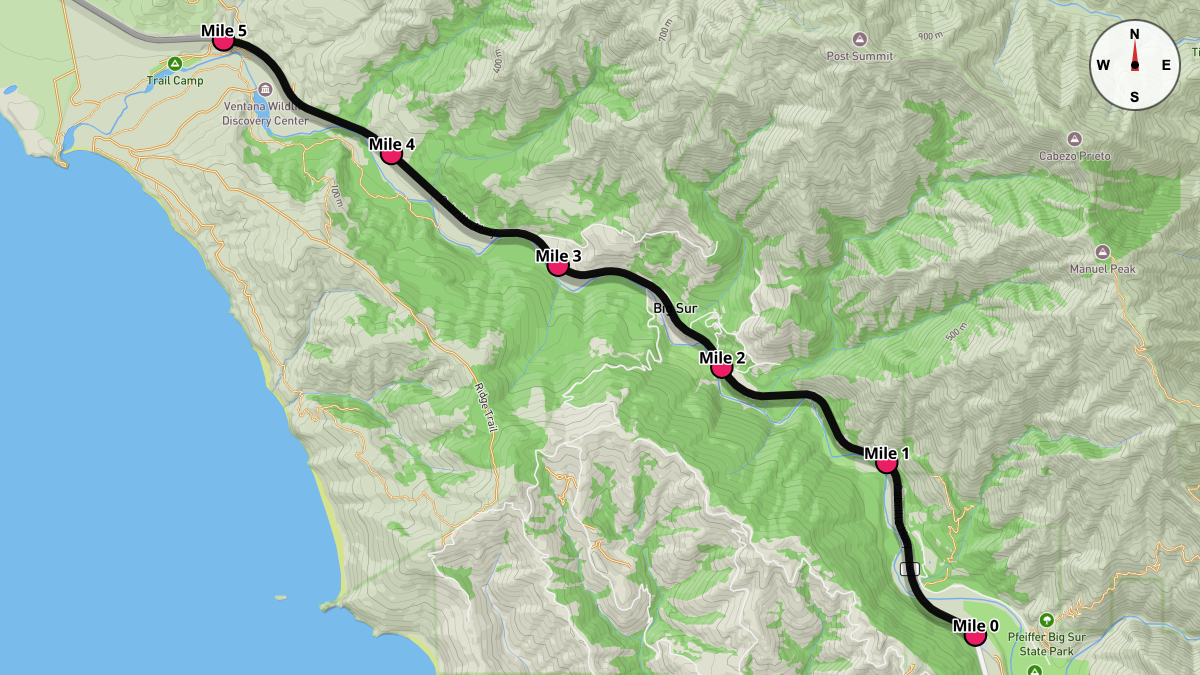 Course Map for Miles 0-5 of the Big Sur International Marathon