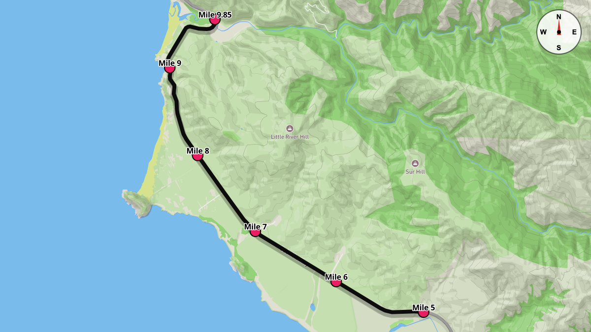 Course Map for Miles 5-9.85 of the Big Sur International Marathon