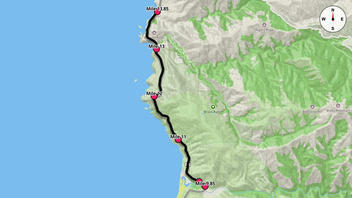 Course Map for Miles 9.85-13.85 of the Big Sur International Marathon