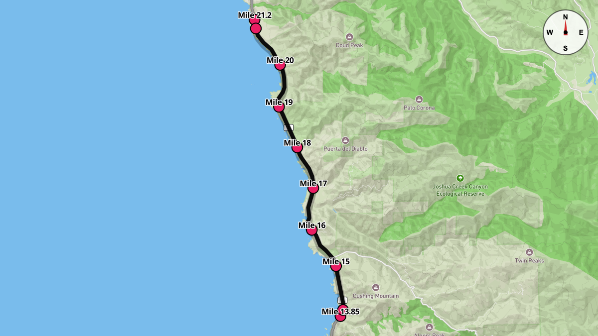 Course Map for Miles 13.85-21.2 of the Big Sur International Marathon