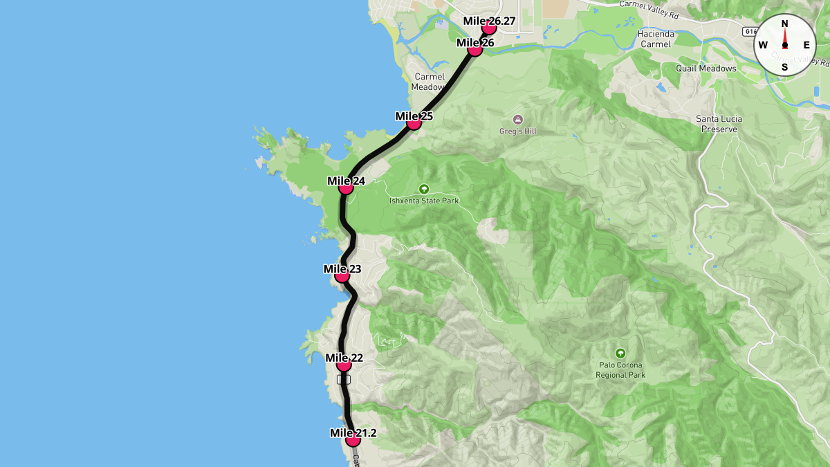 Course Map for Miles 21.2-26.27 of the Big Sur International Marathon