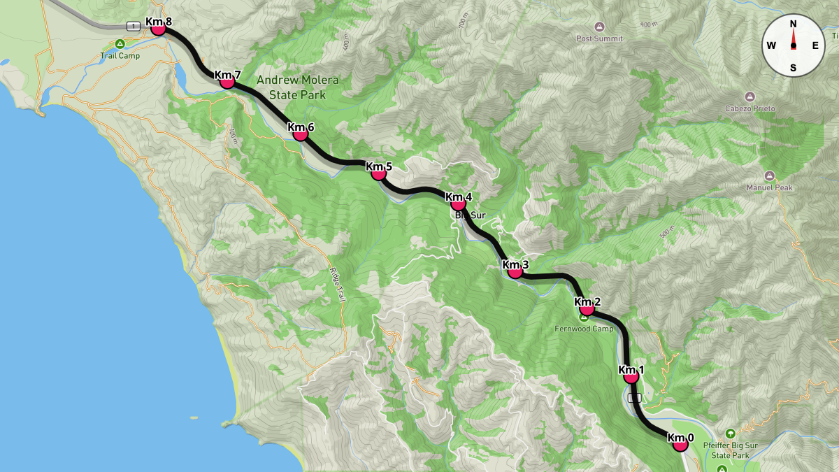 Course Map for Kilometers 0-8 of the Big Sur International Marathon