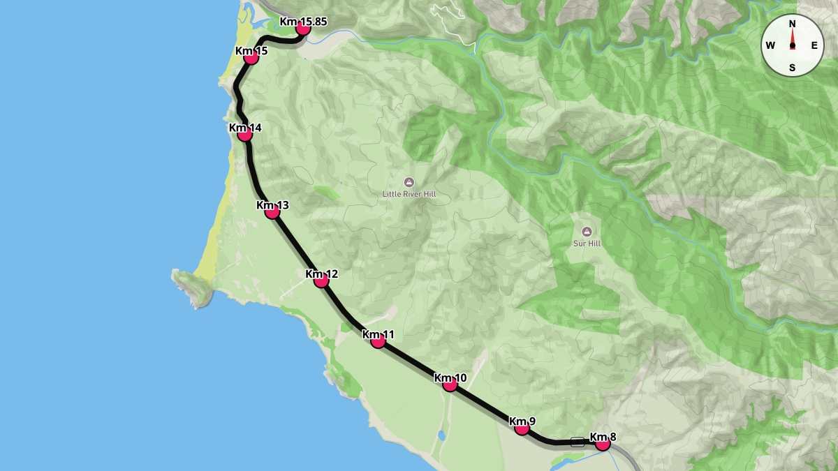 Course Map for Kilometers 8-15.85 of the Big Sur International Marathon